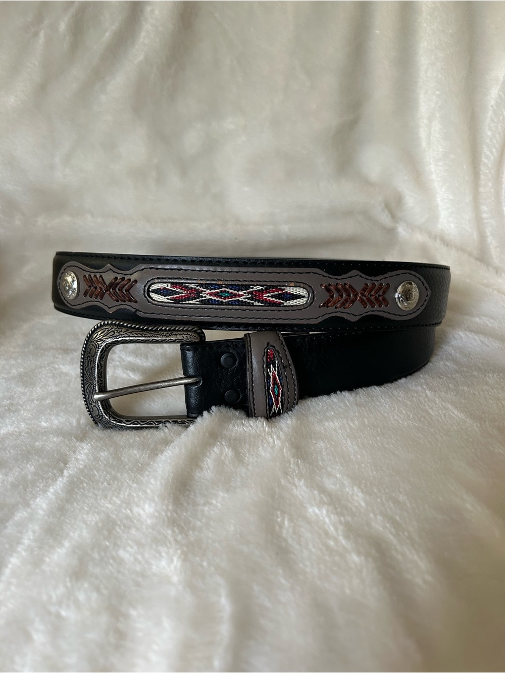 Vintage black Leather woven aztec western style belt mens 40 silver buckle